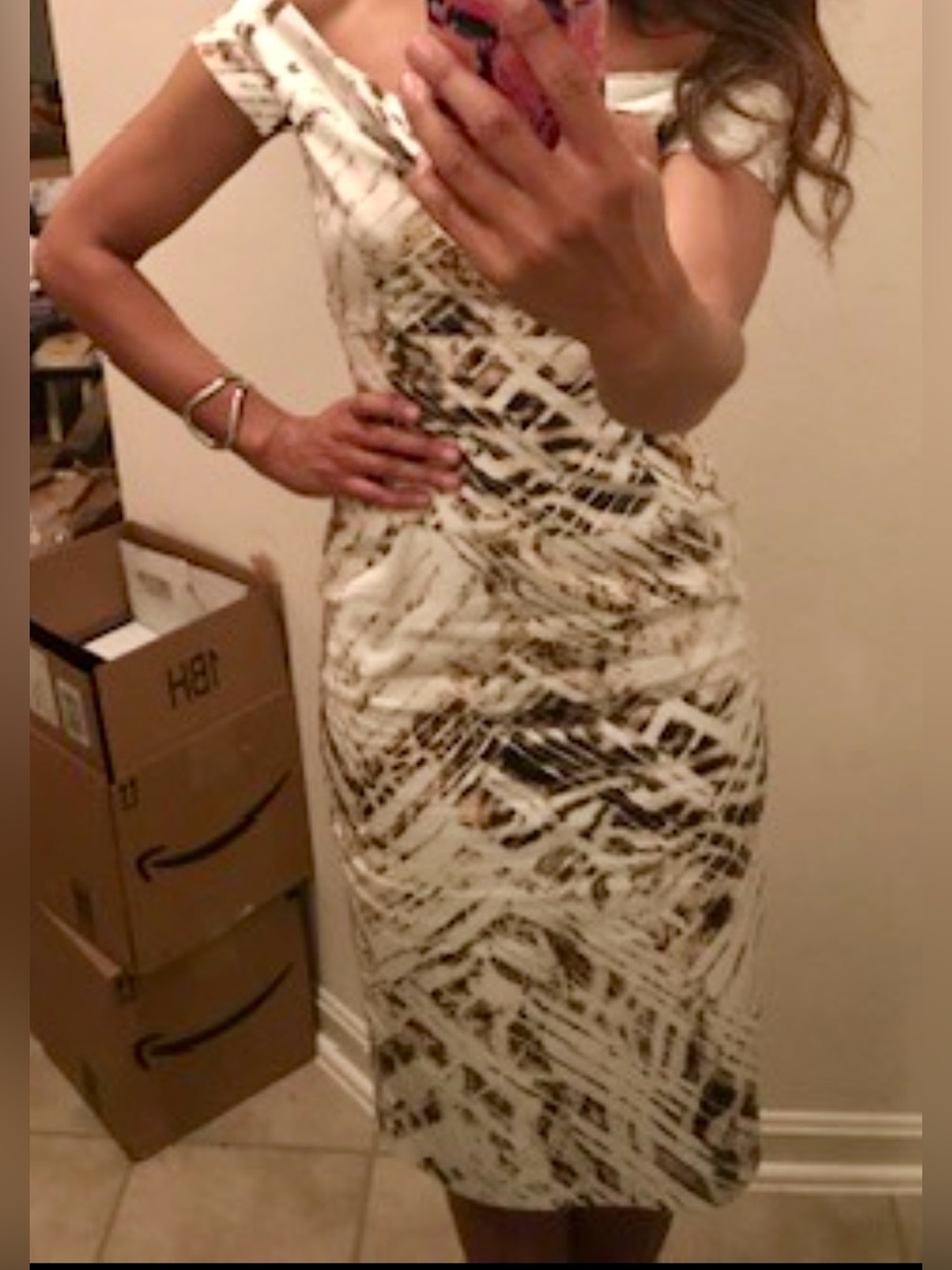 Black Halo Similar to Jackie O  Dress with Black and Tan Abstract Print sz 4